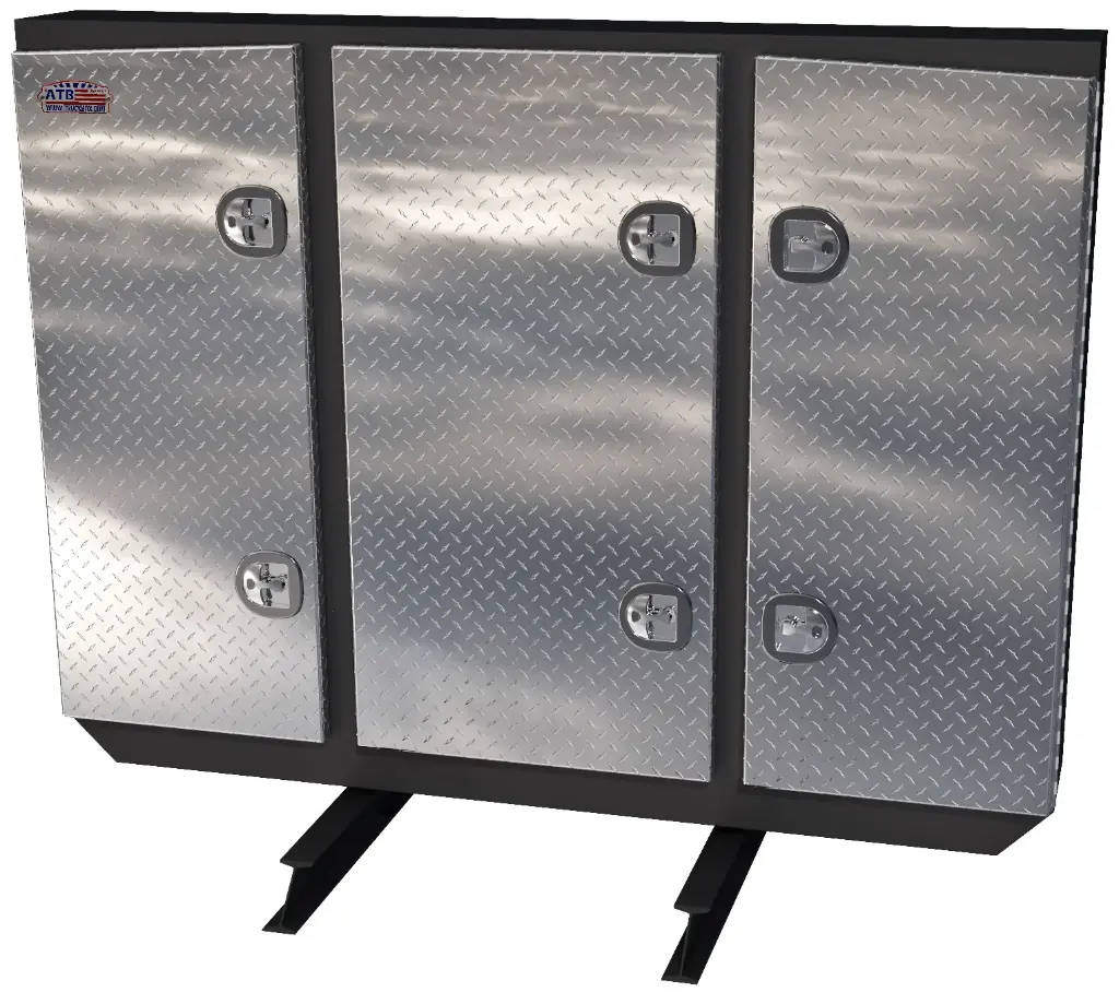 [A-RB51-601280T-TIKBX] A-RB51 - 60"H x 12"D x 80"W - Aluminum Semi Tractor HD Rack Box, Powder Coated MX-Black Body with Diamond TP Finish Triple Doors, 1 Chain Rack Outside Compartments, and 3 Shelves Center Compartment, DT-T-Handle Lockable Locks and I-Beam Mount.