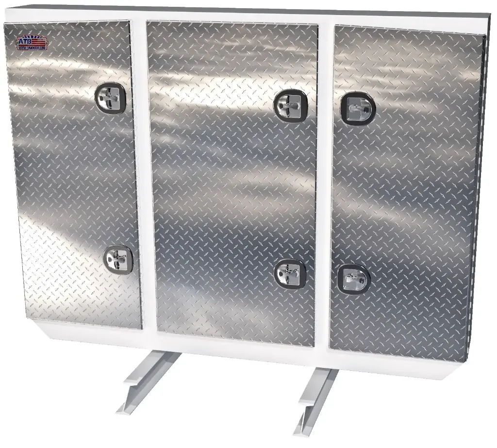 [A-RB51-601280T-TIKWX] A-RB51 - 60"H x 12"D x 80"W - Aluminum Semi Tractor HD Rack Box, Powder Coated MX-White Body with Diamond Thread Finish Triple Doors, 1 Chain Rack Outside Compartments, and 3 Shelves Center Compartment, DT-T-Handle Lockable Locks and I-Beam Mount.