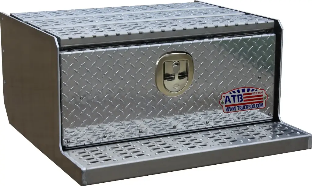 [A-SF51S-153024D-T] A-SF51S -15"H x 30"D x 24"W - Aluminum Semi Truck Step Frame Toolbox, Smooth Body, Diamond TP Drop Open Door, DT-T-Handle Lock and Laser Cut Strut Pressed Grip Steps.
