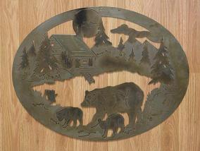 [SABC01B-1] SABC01-1 Steel Wall Art, Oval Laser Cut Metal Wall Art of a Bear in the Woods next to a Cabin, Crafted with Steel, Unique Color Burn, Powder Coated Clear