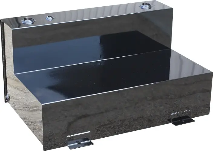 [S-TL41-203148S-BX2] S-TL41 - 20"(10")H x 31"(11")D x 48"W - 14g Steel 78 Gal Fuel L-Tank with Mounting L-Brackets, Single Baffled, Two 2", One 1-1/2" & One 3/8" Top Fittings, Side 3/8" Drain and Powder Coated in MX-Black.
