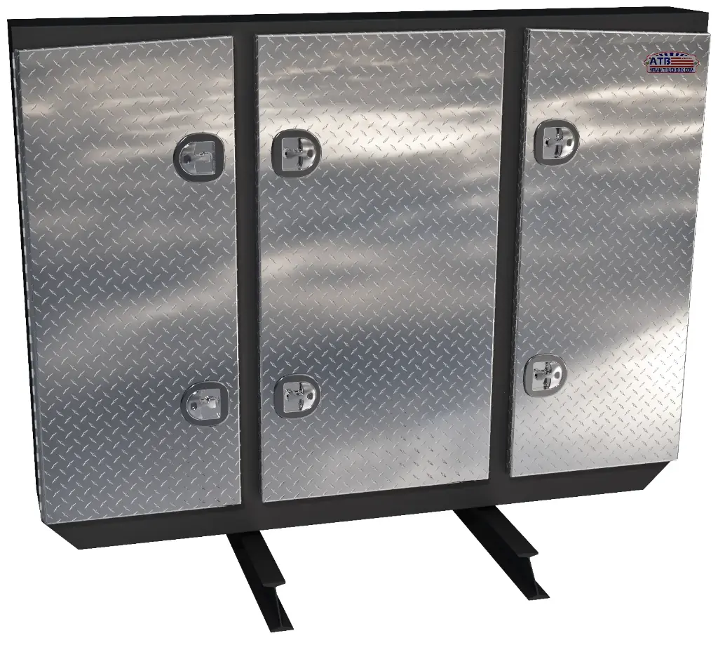 A-RB51 68" Aluminum Semi Tractor Headache Racks, Smooth Powder Coated Body & Triple Doors, 1 Chain Rack Outside Compartments & 3 Shelves Center Compartment, with SS DT-T-Handle Lockable Locks and I-Beam Mounts.