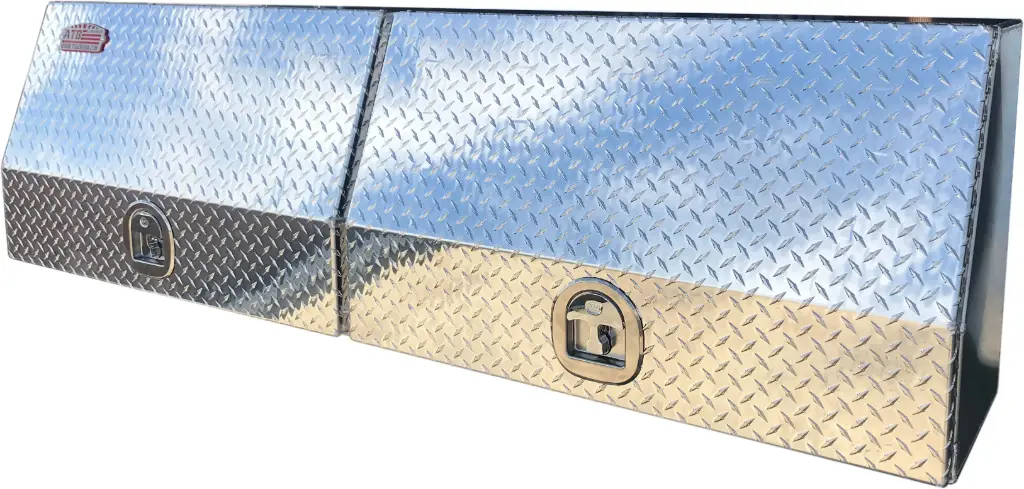 A-SU41 - Aluminum Top Side Mount Compartment Utility Toolbox Heavy Duty Smooth Body Diamond Tread Plate Double Top Hinged Doors with Heavy Duty Shelf & SS DT-Handle Locks and Optional Powder Coated Finish.