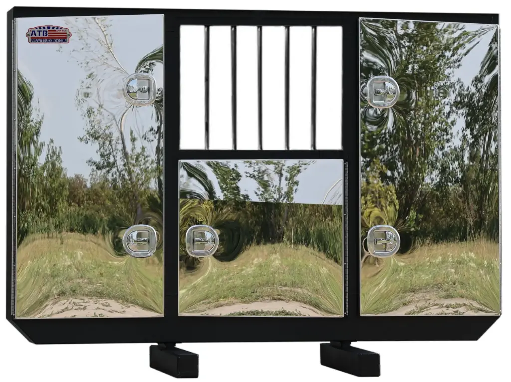 A-RB54 Aluminum Semi Tractor Rack Boxes with WINDOW Smooth Body and Triple Doors 1 Chain Rack Outside Compartments 1 Shelves Center Compartment DT-T-Handle Lockable Locks and I-Beam Mount.