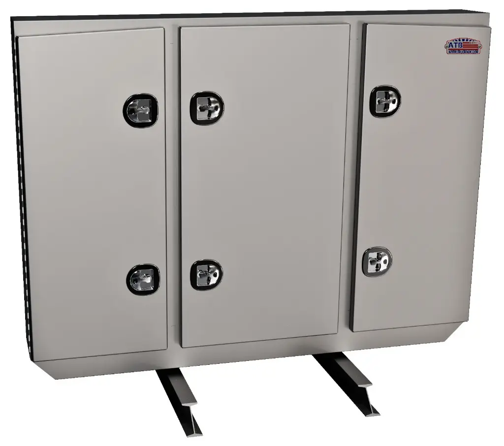 A-RB51 Aluminum Semi Tractor Headache Racks Smooth Body & Triple Doors 1 Chain Rack Outside Compartments and 3 Shelves in Center Compartment with SS DT-T-Handle Lockable Locks and I-Beam Mount.